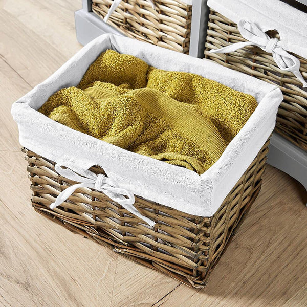 Home Source Bedroom Wooden Storage Unit, Woven Willow Wicker Baskets, 6 Drawer Wide Cabinet Chest, Grey