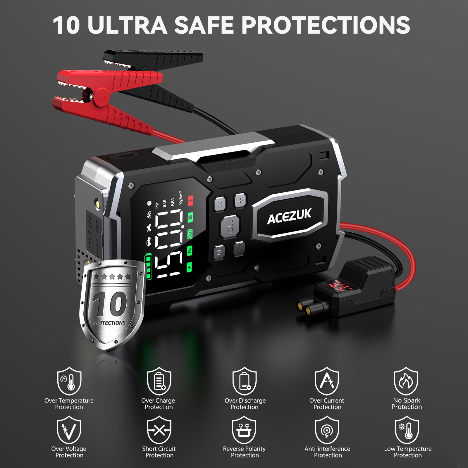 ACEZUK Battery Jump Starter Pack 5000A Car Jump Starter 12V 8-in-1 Car Battery Booster Pack Up to 7.0L Gas & 5.5L Diesel Engines Power Bank with Flashlight,Large Screen,Jump Leads