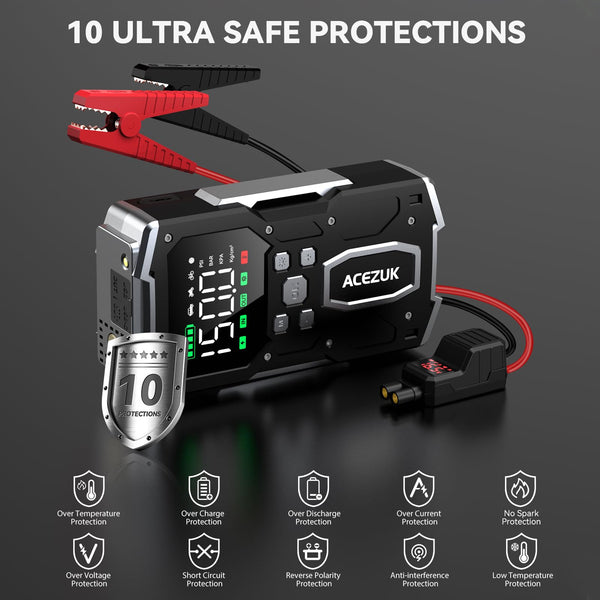 ACEZUK Battery Jump Starter Pack 5000A Car Jump Starter 12V 8-in-1 Car Battery Booster Pack Up to 7.0L Gas & 5.5L Diesel Engines Power Bank with Flashlight,Large Screen,Jump Leads