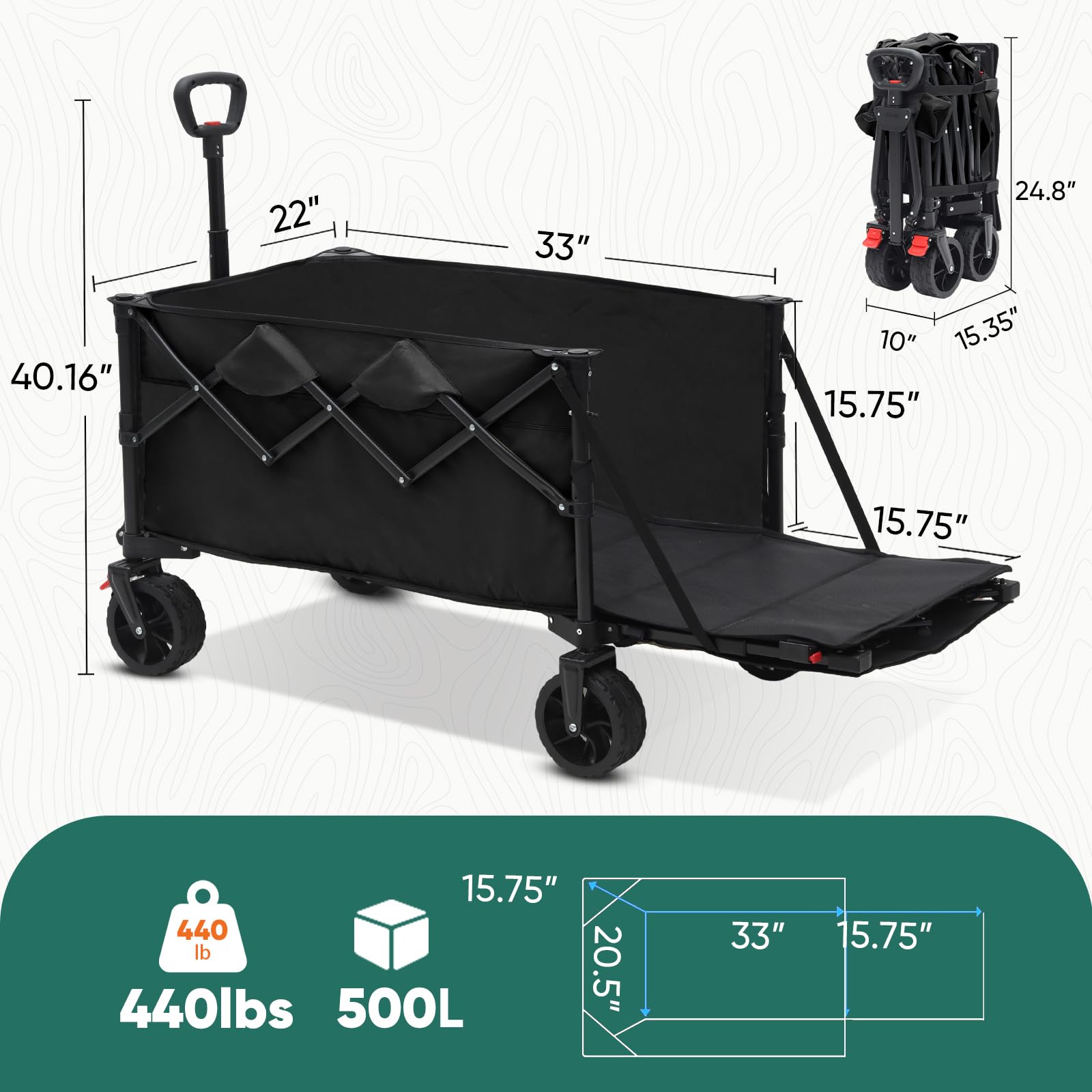 Sekey 332L Folding Festival Trolley with Expandable Tailgate, Patented Design Beach Cart - Diamond Collapsible, Wide All-Terrain Wheels, Brake, 350LB Load Capacity Heavy Duty Wagon for Camping, Black