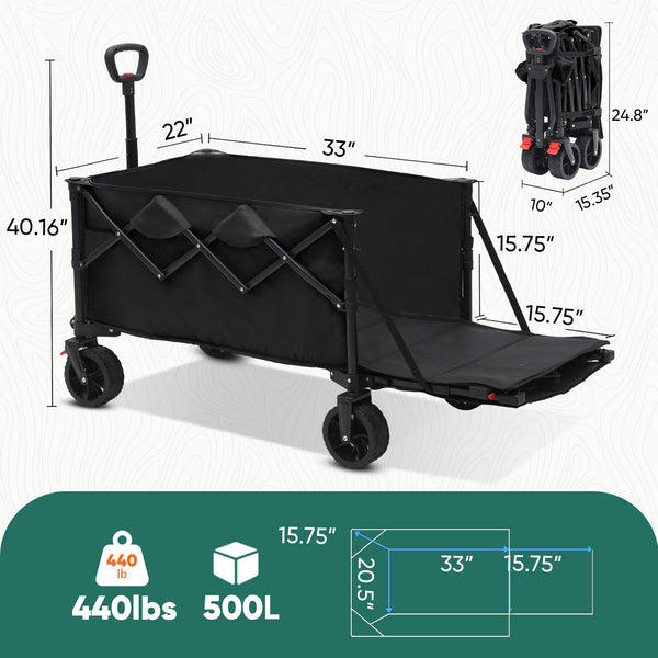 Sekey 332L Folding Festival Trolley with Expandable Tailgate, Patented Design Beach Cart - Diamond Collapsible, Wide All-Terrain Wheels, Brake, 350LB Load Capacity Heavy Duty Wagon for Camping, Black