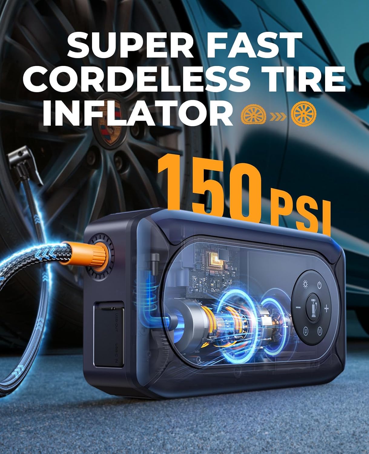 9-in-1Jump Starter Power Pack 4500A with 150PSI Air Compressor, YaberAuto Car Battery Booster Jump Starter for 9L Gas/8L Diesel, Car Starter Power Bank with Jump leads, Gloves, Lights