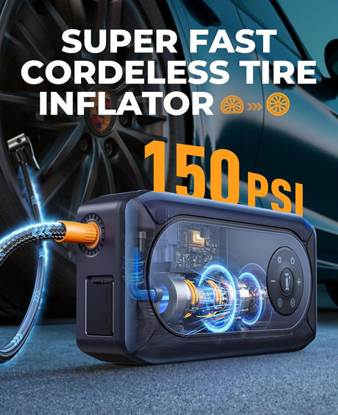 9-in-1Jump Starter Power Pack 4500A with 150PSI Air Compressor, YaberAuto Car Battery Booster Jump Starter for 9L Gas/8L Diesel, Car Starter Power Bank with Jump leads, Gloves, Lights