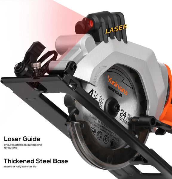 Yunirvana Mini Circular Saw, 20V 3400RPM Professional Cordless Circular Saw, Adjustable Angle and Depth,Max Cutting Depth 42.8mm (90°), 28mm(45°),Laser Guide,Blade 115mm