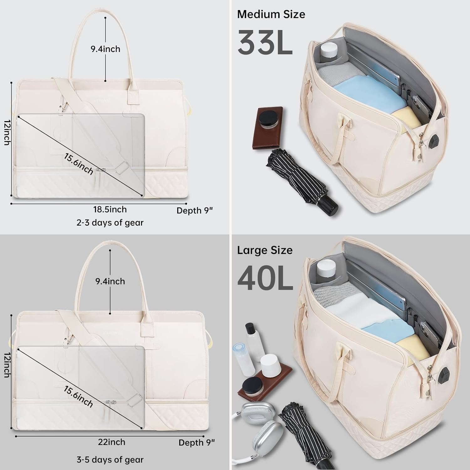 ETRONIK Weekend Overnight Bag for Women, Large Travel Duffle Bag with Shoe Compartment & Wet Pocket, Carry On Tote Bags Gym Duffel Bag with Toiletry Bags for Hospital 3 Pcs Set, Black