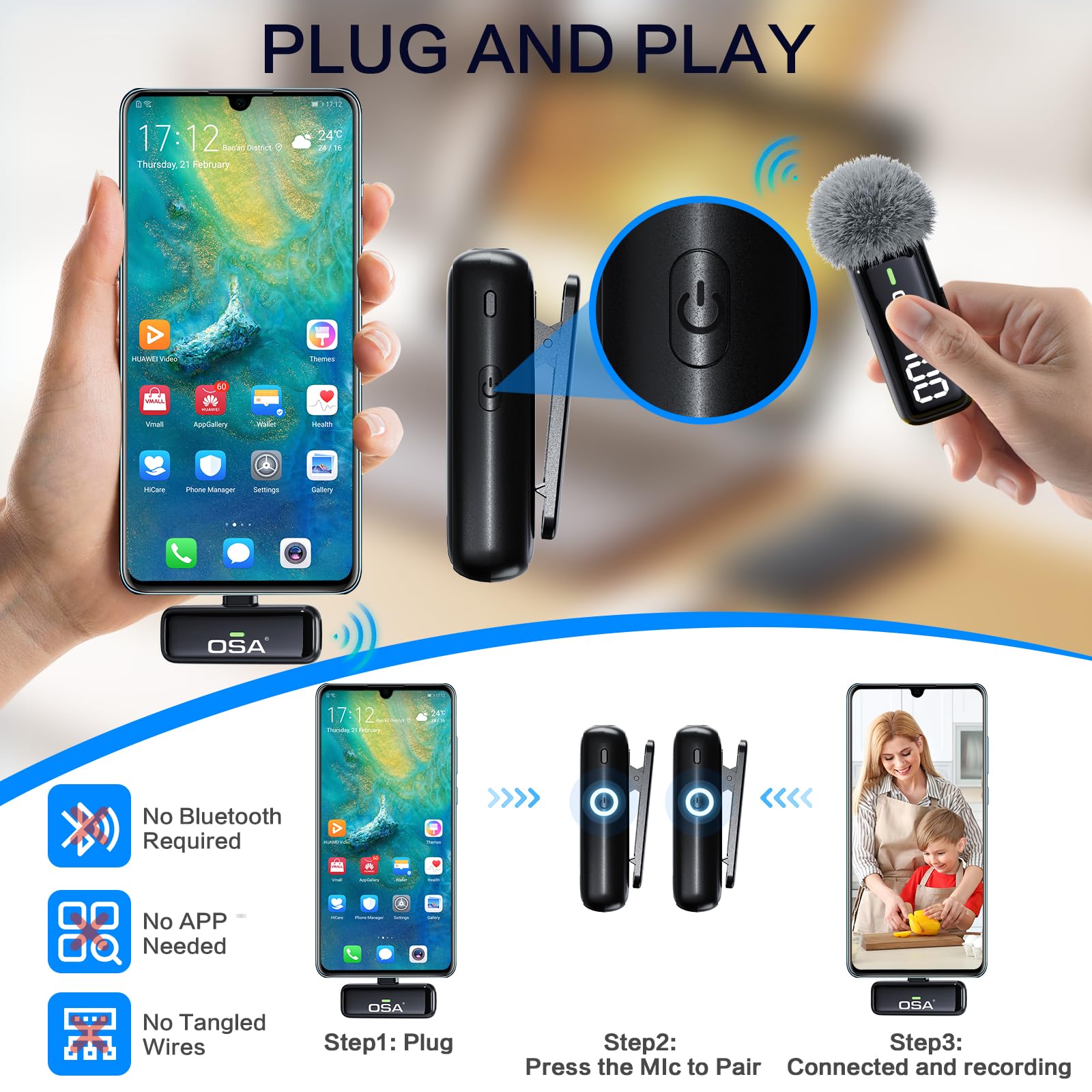 OSA Wireless Microphone for iPhone iPad with Smart Charge Case and Digital Display, 40H Clip on Wireless Lavalier Microphone with Noise Reduction for Video Recording, Plug & Play (2 Mic, 2 Recive)