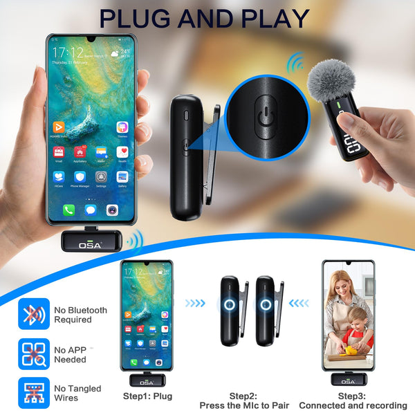 OSA Wireless Microphone for iPhone iPad with Smart Charge Case and Digital Display, 40H Clip on Wireless Lavalier Microphone with Noise Reduction for Video Recording, Plug & Play (2 Mic, 2 Recive)