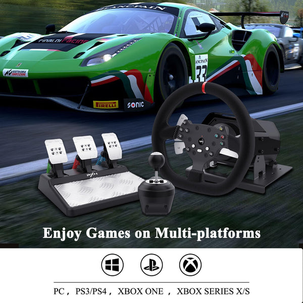 PXN V10 Force Feedback Racing Sim Driving Game Steering Wheel + Pedals + Gear Shifter 270 / 900° Racing Wheel - Suede Leather Gaming Wheel Steering Wheel for PC PS4 Xbox One Xbox Series X / S PXN-V10