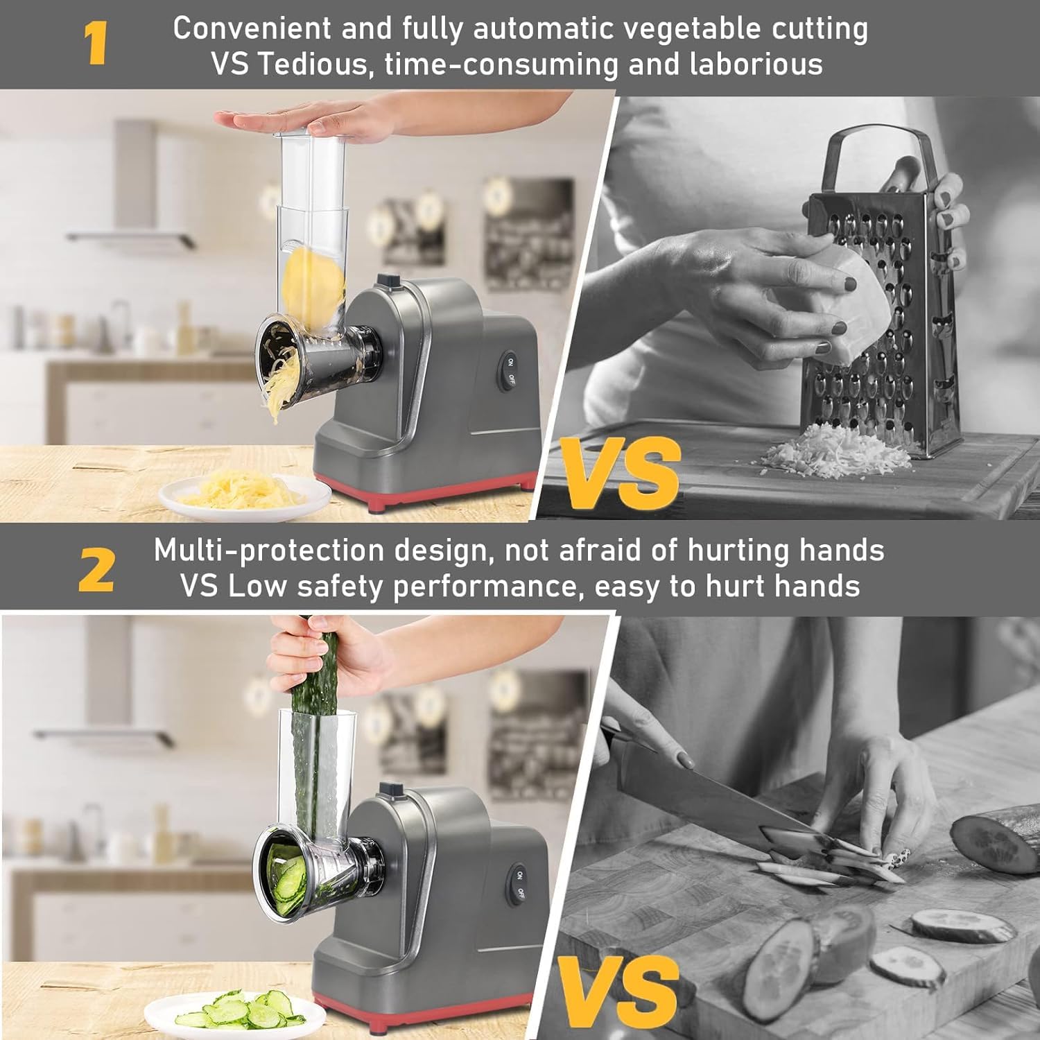 ABsuper Electric Cheese Grater Vegetable Slicer - 250W Electric Rotary Grater Chopper Salad Maker with 4 Stainless Steel Drums for Cucumber, Carrot,