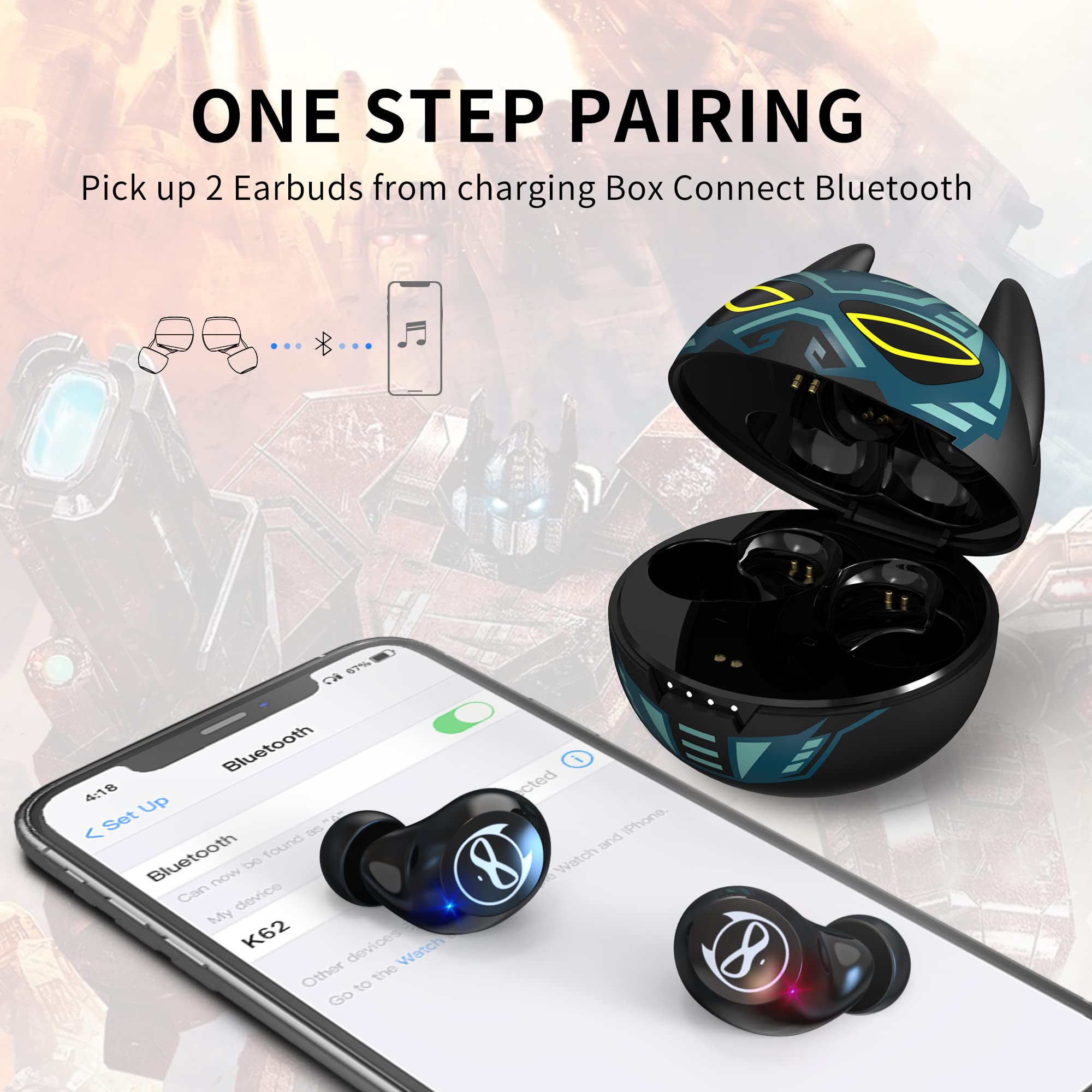 Earbuds for Kids Cute Design in-Ear Wireless Earphones for Kids Boys Adult Bluetooth 5.3 Waterproof Sport Stereo Headphones with Mic for Phone