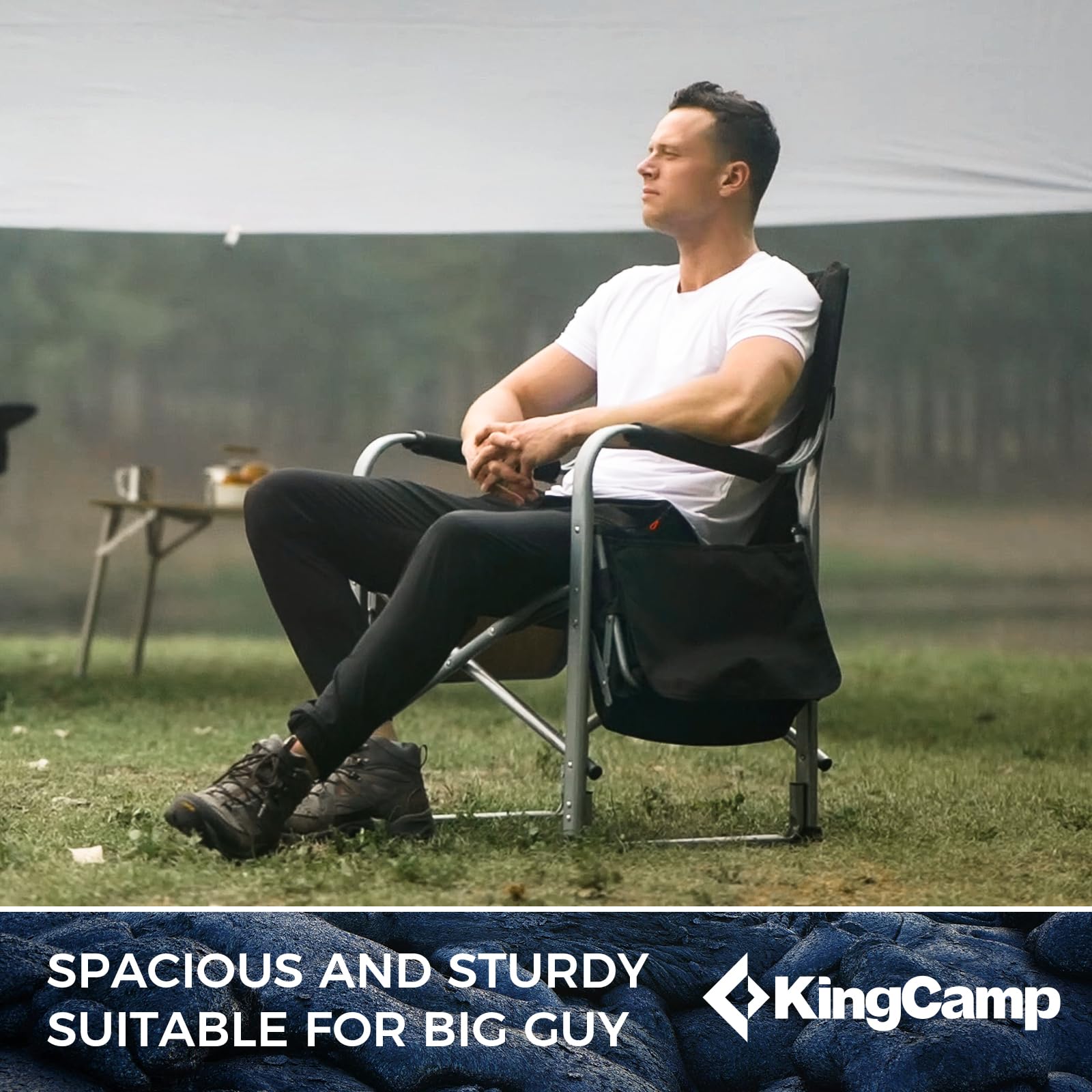 KingCamp Folding Camping Chairs for Adluts Heavy Duty Directors Chair with Cooler Bag and Side Table Support up to 150KG