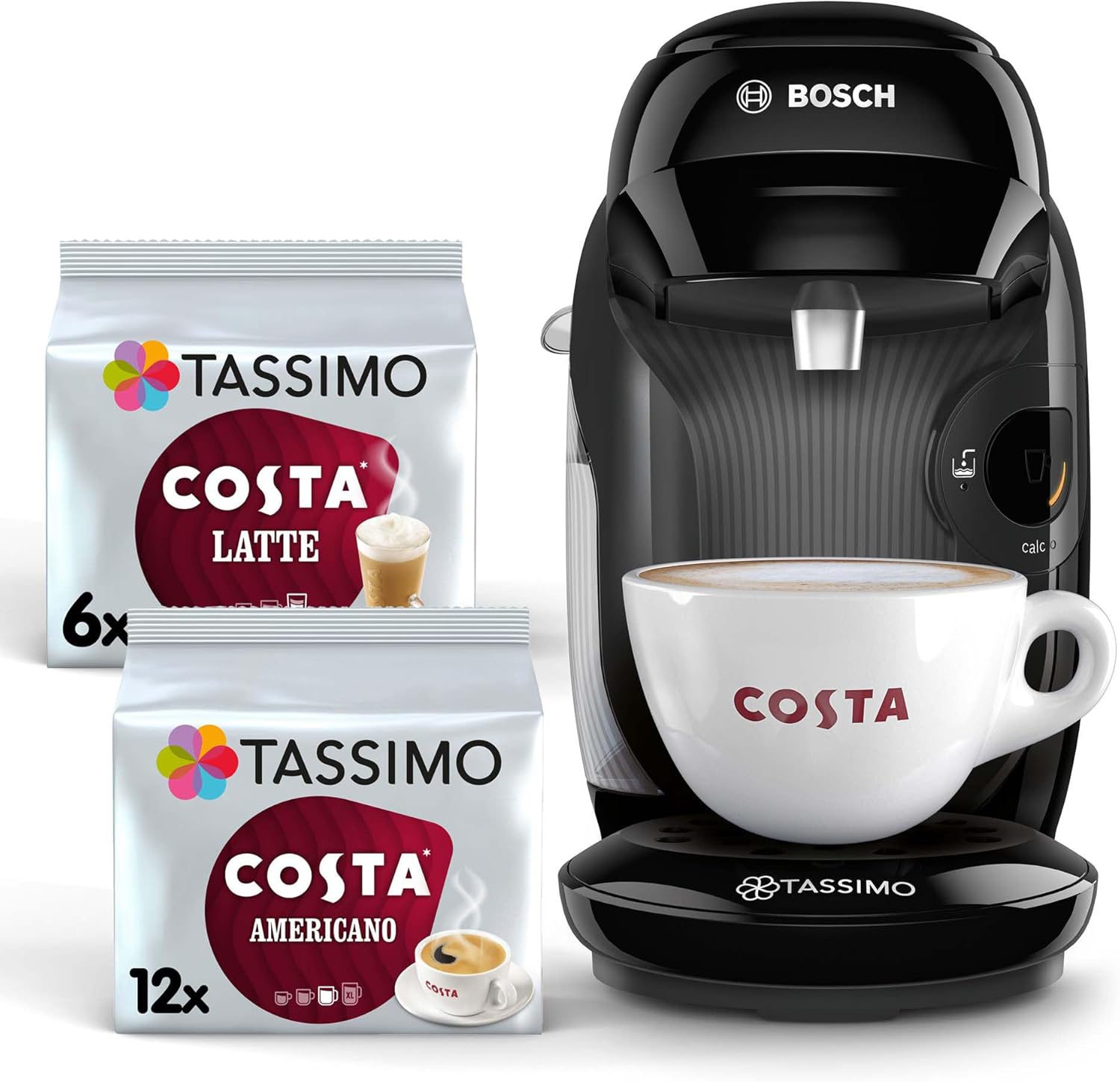 Tassimo by Bosch Style Pod Coffee Machine with Costa Americano & Costa Latte Starter Bundle, TAS1102GB2- Black