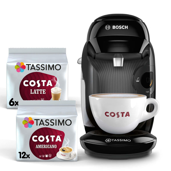 Tassimo by Bosch HAPPY Friendly Pod Coffee Machine with descaling bundle (x4 tablets included) TAS102EAGB, Black
