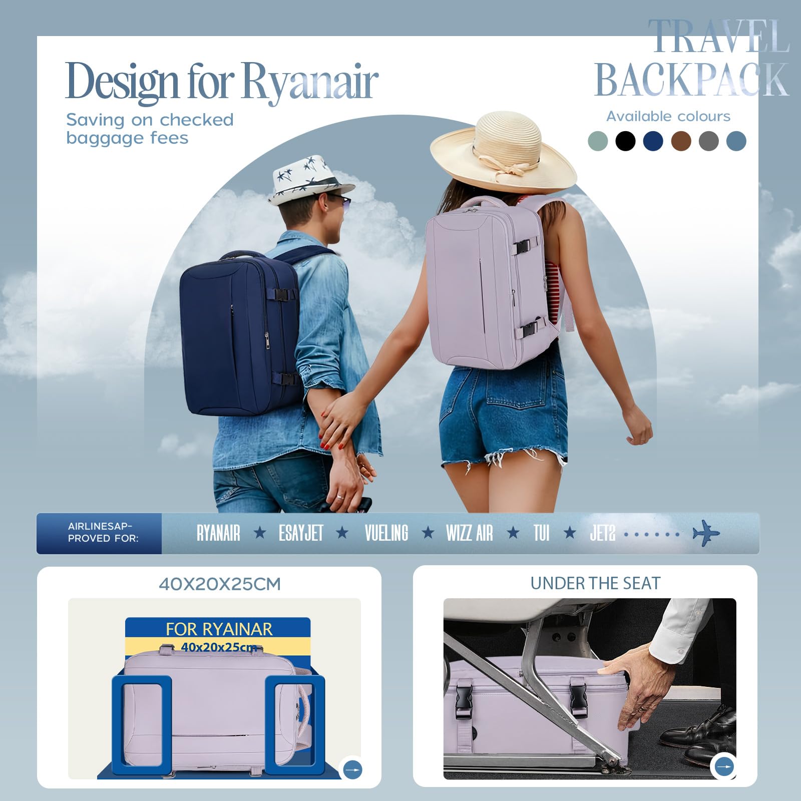 Xkdoai for Ryanair Cabin Bags 40x20x25, Travel Backpack with TSA Approved Clear Bag, Travel Bag Underseat Carry-ons Hand Luggage Bag for Travelling Casual Daypack for Ryan Air Plane