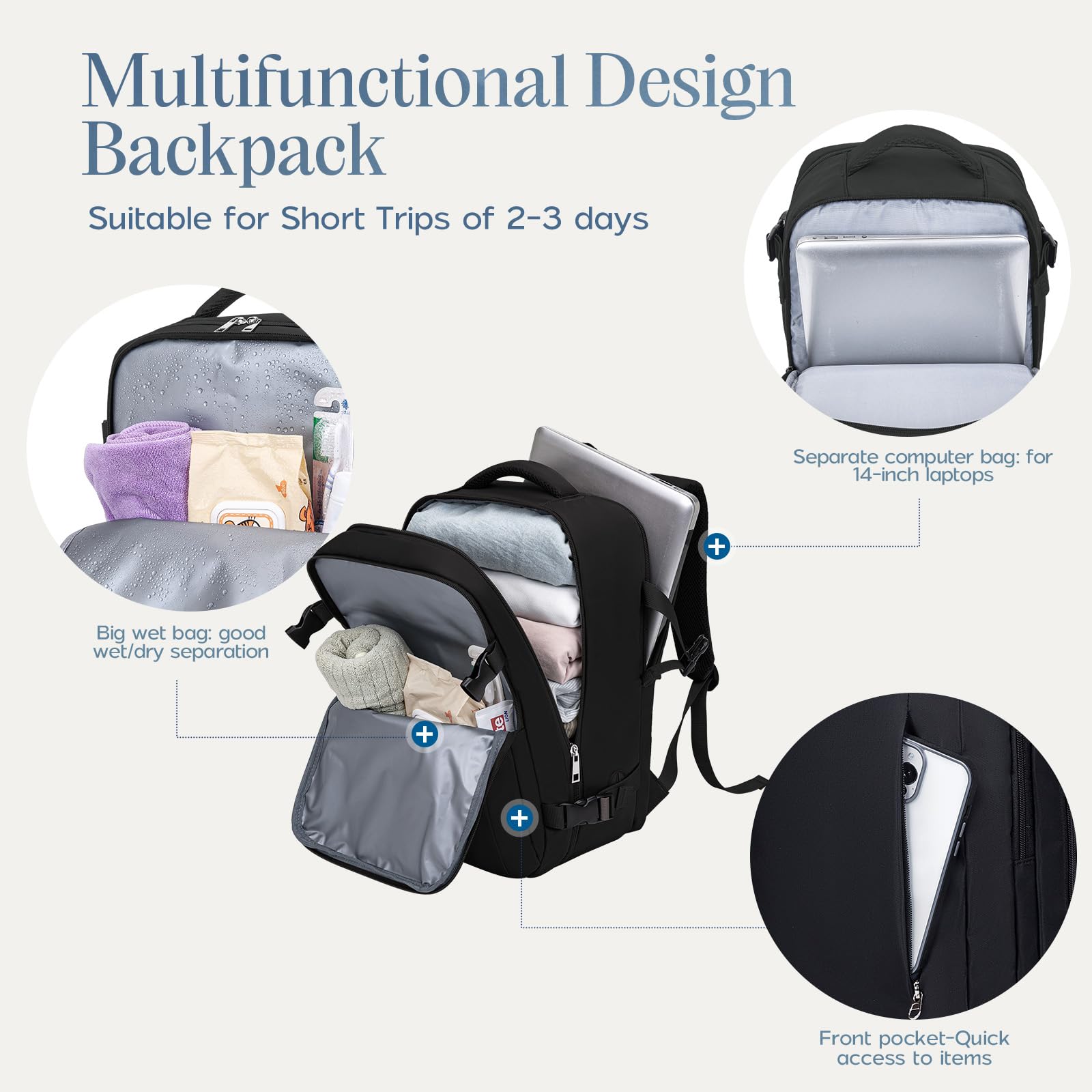 Xkdoai for Ryanair Cabin Bags 40x20x25, Travel Backpack with TSA Approved Clear Bag, Travel Bag Underseat Carry-ons Hand Luggage Bag for Travelling Casual Daypack for Ryan Air Plane