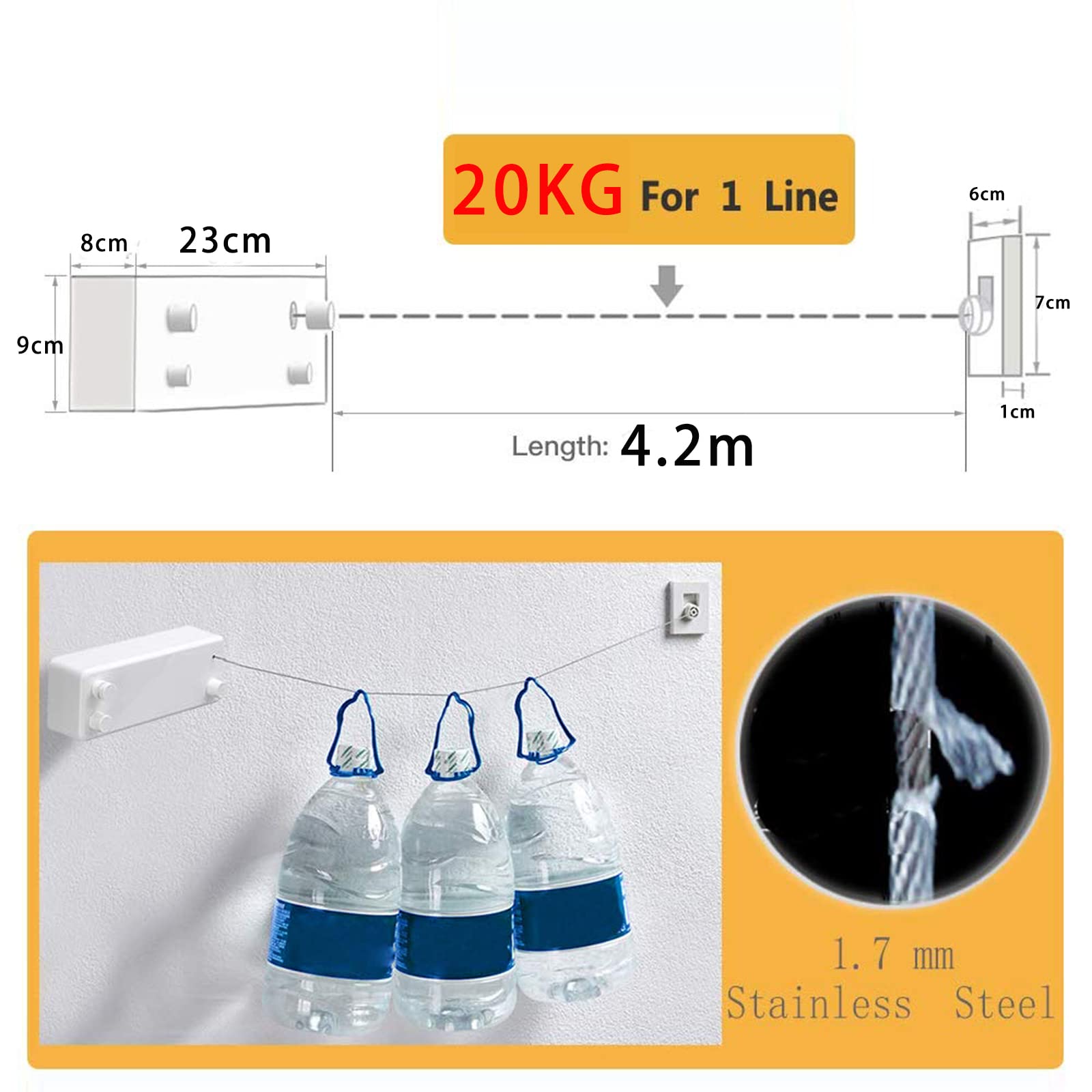 JOOM Retractable Clothesline Indoor Outdoor Clothing Rope Heavy Duty Stainless Steel Line Laundry line for Bathroom Hotel Style 13.8 Feet with ABS