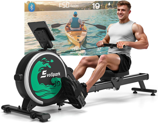 Rowing Machine for Home Gym, EvoSpark Magnetic Rowing Machines 350 LB Weight Capacity - Foldable Rower for Home Use with App Supported, Upgrade to Double Slide Rail