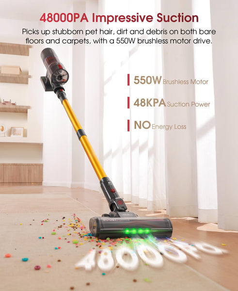 Cordless Vacuum Cleaner, 48Kpa 550W 65Mins Vacuum Cleaner for Home, Vacuum Cleaners with Wall Mount Charging, Anti-Tangle Stick Vacuum Self-Standing, Vacuum Cordless Rechargeable for Pet Hair/Carpet