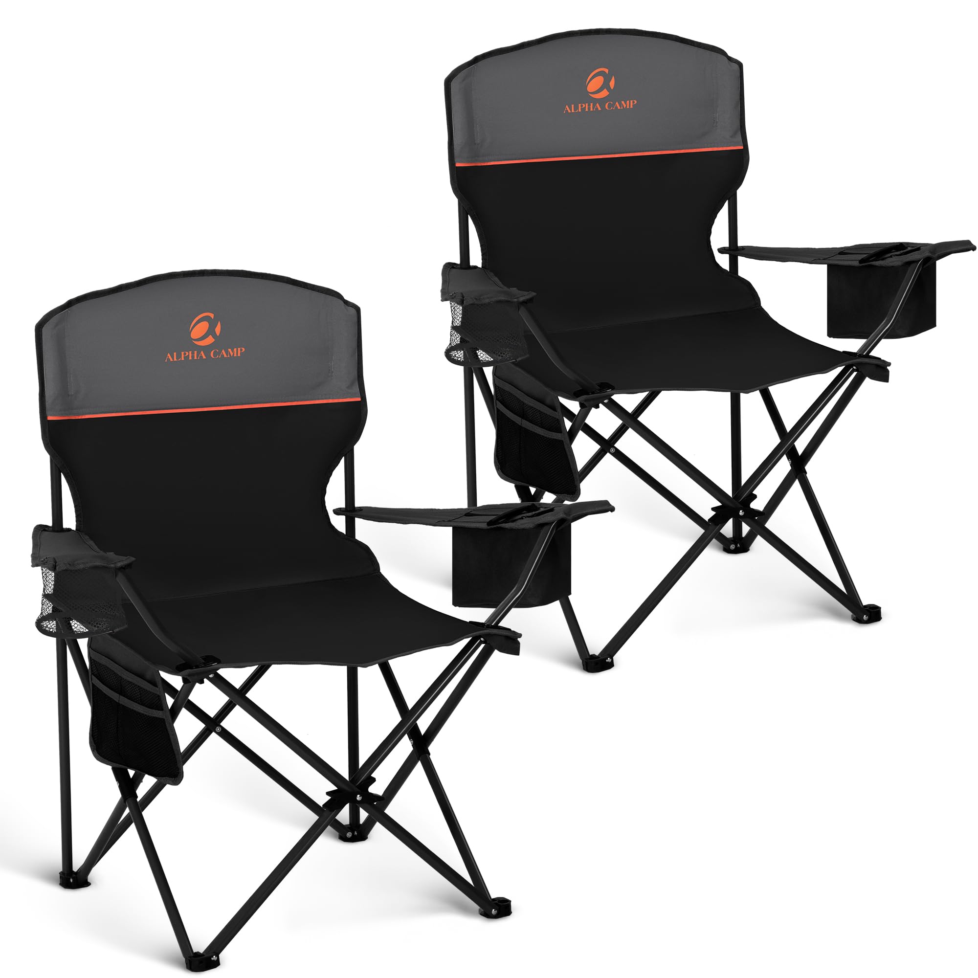 ALPHA CAMP Set of 2 Folding Camping Chairs with Cooler Bag & Cup Holder & Side Pocket Up to 120kg, Lightweight and Portable Camping Chair for Adults, Black