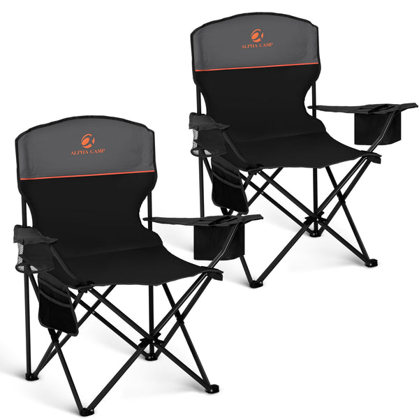 ALPHA CAMP Set of 2 Folding Camping Chairs with Cooler Bag & Cup Holder & Side Pocket Up to 120kg, Lightweight and Portable Camping Chair for Adults, Black