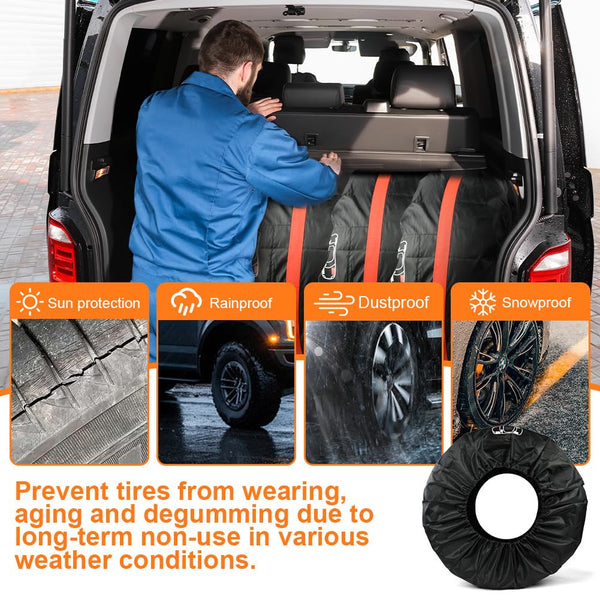 Car Spare Tire Covers 4 Pack, 13-18 IN Tyre Bag Set, Diameter 66cm Wheel Protection Cover, Tyre Bags with Handle, Waterproof Dustproof Auto Spare Tires Storage Bags for Car UV SUV Truck Black S