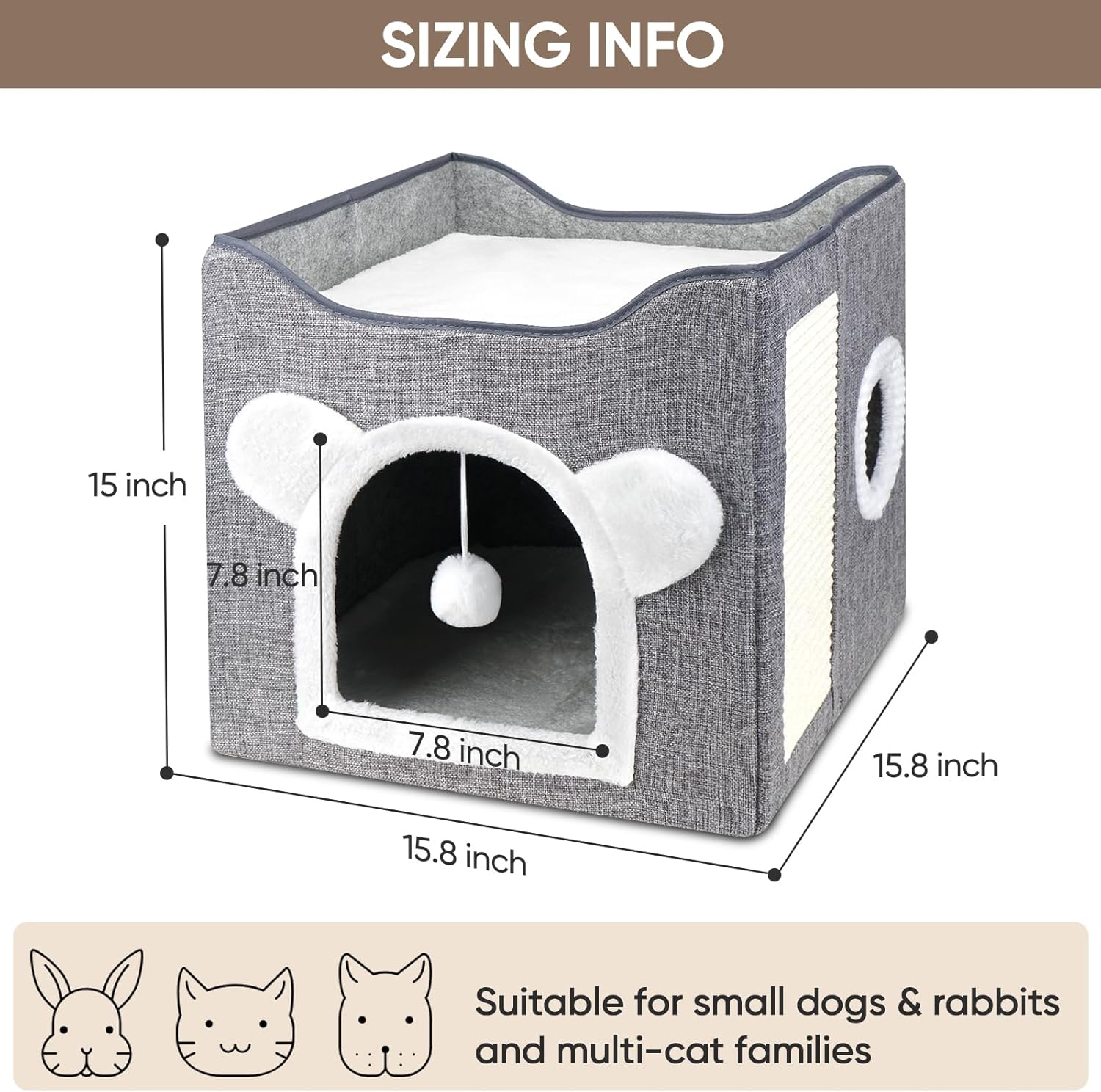 Furjoy Cat Beds, Large Cat Cave for Pet House with Fluffy Ball Hanging and Scratch Pad, Houses & Condos, Cubes, Hideaway, Covered Bed for Multi Small Pet Large Kitty