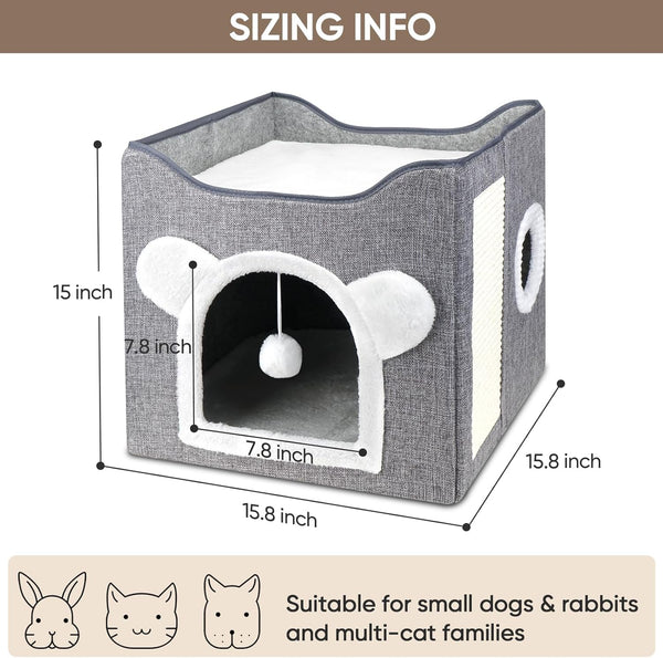 Furjoy Cat Beds, Large Cat Cave for Pet House with Fluffy Ball Hanging and Scratch Pad, Houses & Condos, Cubes, Hideaway, Covered Bed for Multi Small Pet Large Kitty