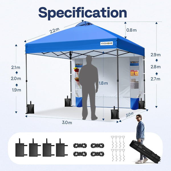 VIVOHOME Canopy Tent 3x3m Outdoor Shelter 2 Tiers Roof with Portable Wheel Carry Bag and 4 Sandbags Pop Up for Patio Garden Backyard