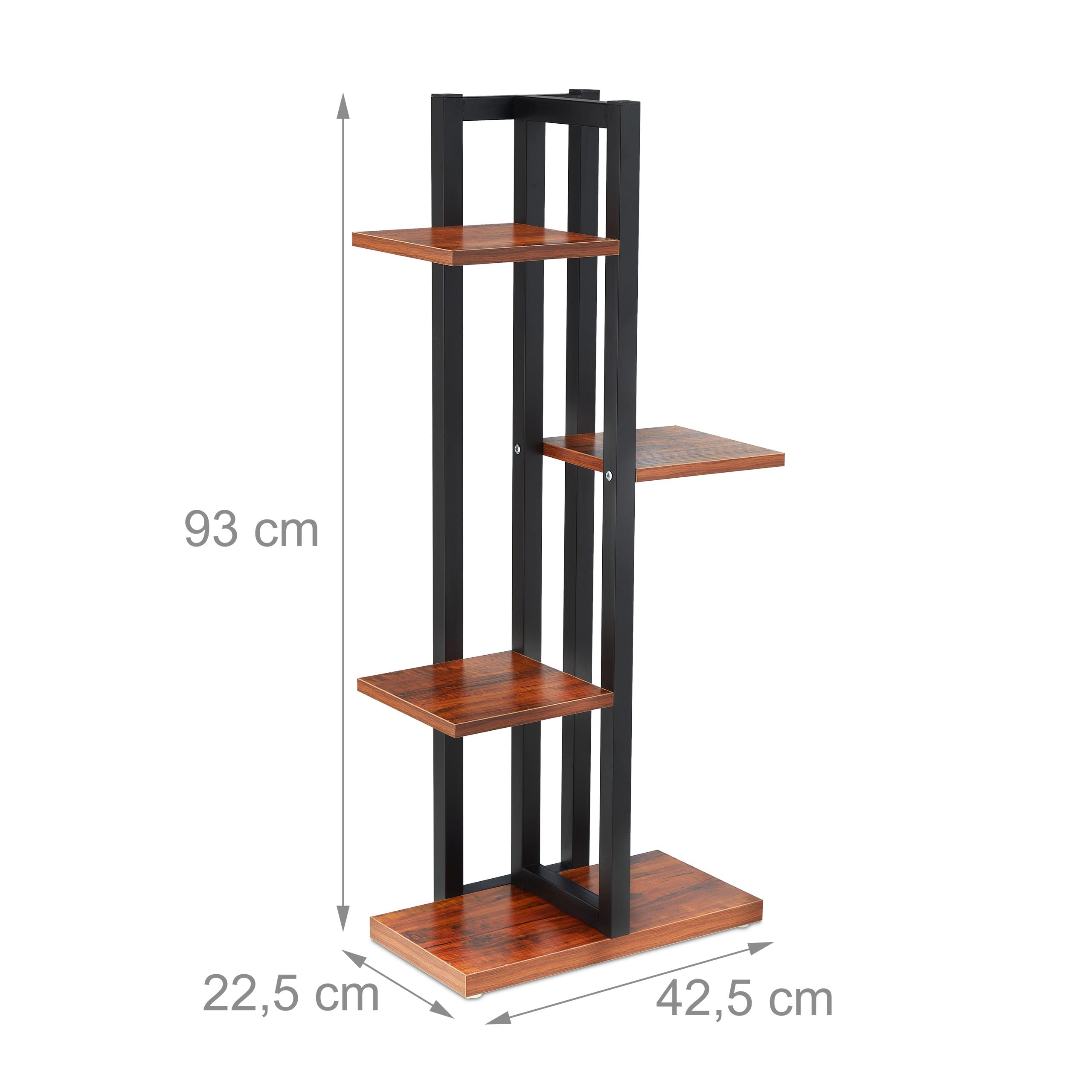 Relaxdays Metal Flower Stand, 4-Tier Indoor Pot Shelf Ladder, Wooden Look, 93 x 42.5 x 22.5 cm, Plant Rack, Dark Brown, Steel
