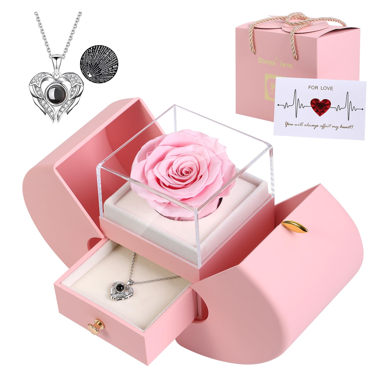 Firestyle Preserved Real Rose Gifts for Women,Mum,Wife,Eternal Flowers Rose with I Love You Necklace in 100 Languages,Gifts for her on Birthday,