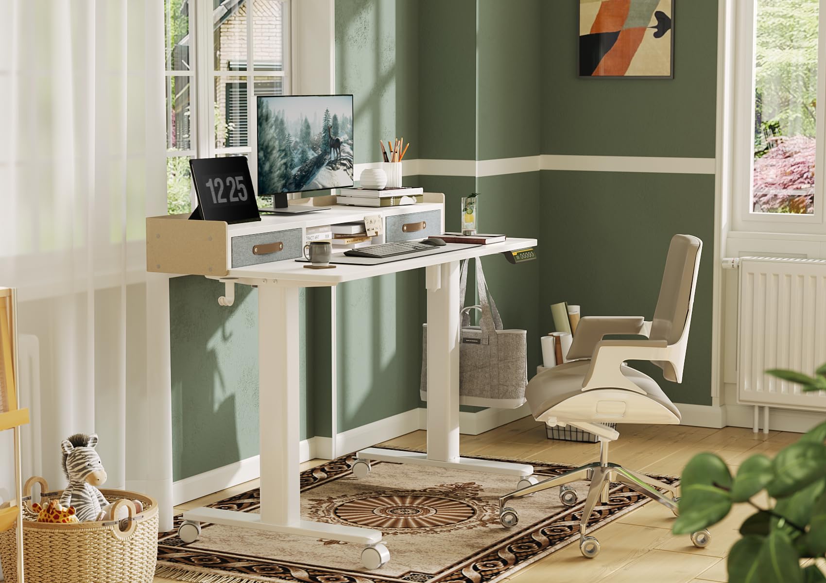 Claiks Electric Standing Desk with Drawers, 120x60cm Height Adjustable Desk with Storage Shelf and Splice Board, Stand Up Desk for Home Office, White Frame/Maple Top