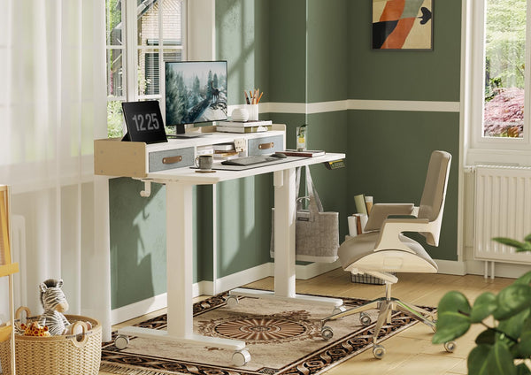 Claiks Electric Standing Desk with Drawers, 120x60cm Height Adjustable Desk with Storage Shelf and Splice Board, Stand Up Desk for Home Office, White Frame/Maple Top