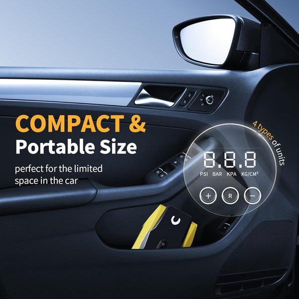 Powools Tyre Inflator Portable Air Compressor - Air Pump for Car Tyres - 12V DC Compact Tyre Pump with Auto Shutoff Function - Multipurpose Car Accessory with LED Light, Yellow, Medium