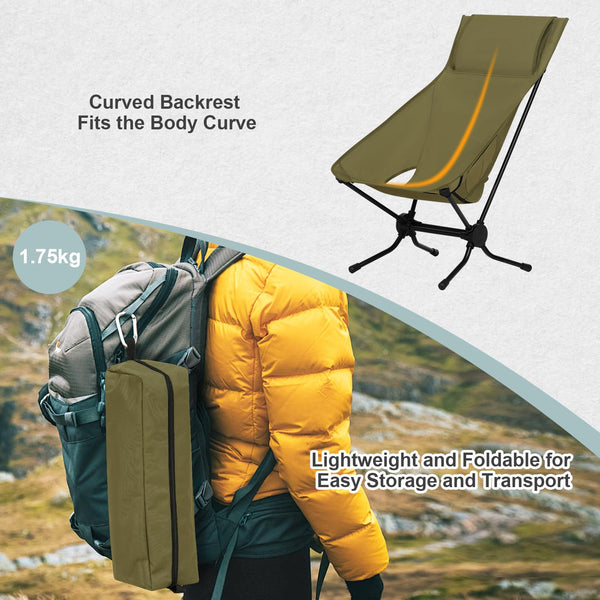 WOLTU Folding Camping Chair, Ultra Lightweight Alu Outdoor Chair, High Back, Portable Chair with Carrying Bag for Fishing, Picnic, Hiking, Heavy Duty 150kg Capacity, Black
