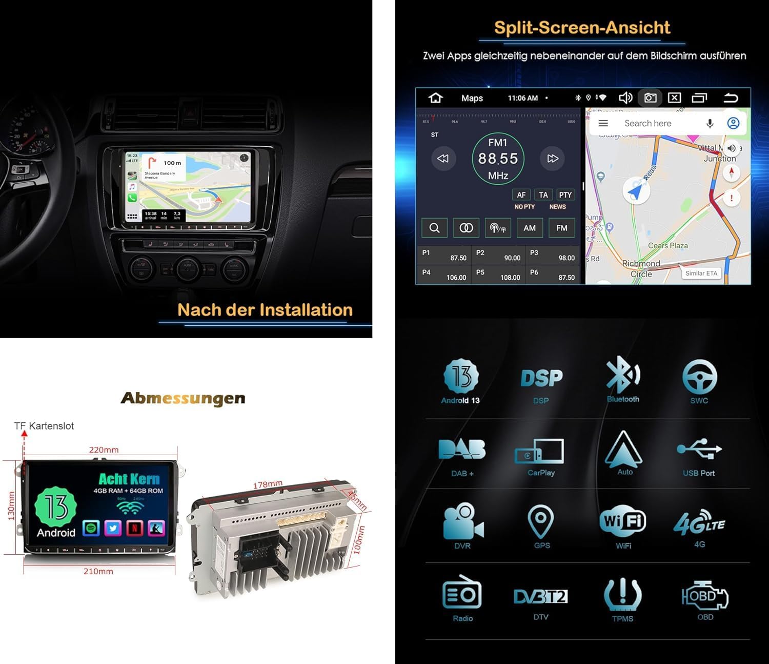 Erisin 8-Core 4GB+64GB Android 13 Car Stereo GPS Sat Nav for VW Crafter Amarok Caddy Polo 6R ŠKODA Yeti Transporter T6 9" Car Radio IPS CarPlay Android Auto DSP DAB+ Bluetooth 5.0 Canbus WiFi OBD2