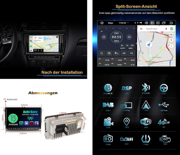 Erisin 8-Core 4GB+64GB Android 13 Car Stereo GPS Sat Nav for VW Crafter Amarok Caddy Polo 6R ŠKODA Yeti Transporter T6 9" Car Radio IPS CarPlay Android Auto DSP DAB+ Bluetooth 5.0 Canbus WiFi OBD2