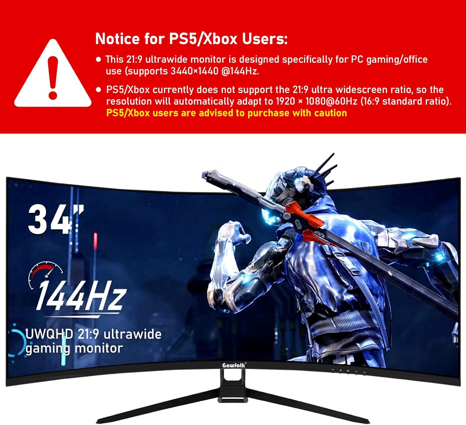 Gawfolk 34 Inch Ultrawide Curved 144Hz Gaming Computer Monitor 1500R PC Screen 21:9 UWQHD (3440x1440),Adaptive Sync,178° Viewing Angle,Display Port、HDMI 2.0, VESA75x75MM-Black