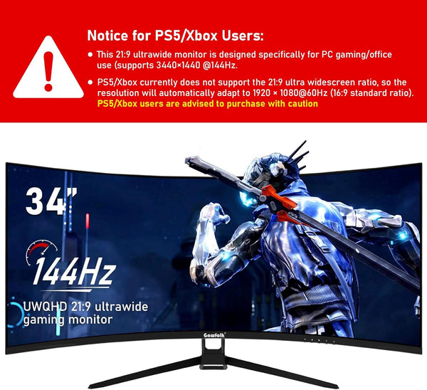 Gawfolk 34 Inch Ultrawide Curved 144Hz Gaming Computer Monitor 1500R PC Screen 21:9 UWQHD (3440x1440),Adaptive Sync,178° Viewing Angle,Display Port、HDMI 2.0, VESA75x75MM-Black