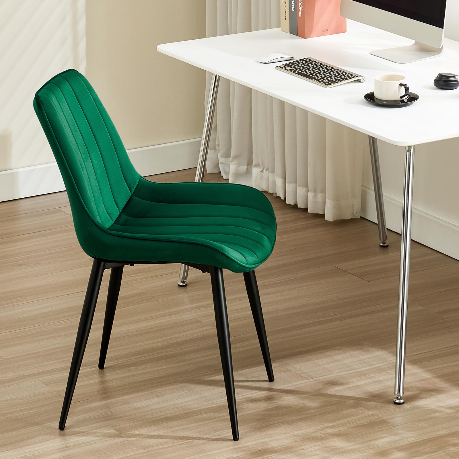 LONGTOO Set of 6 Dining Chairs with Velvet Upholstered Seat & Backrest,Stable Metal Legs,Modern Stripe Design,Champagne