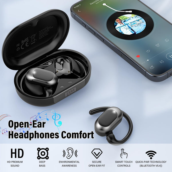 STECEi Open Ear Headphones, Bluetooth 5.4 Wireless Earbuds with Adjustable Ear Hooks, Powerful Sound, Air Conduction Earbuds with Mic, 36H playtime, Ultra-Comfort, IPX7 Waterproof Sports Earphones