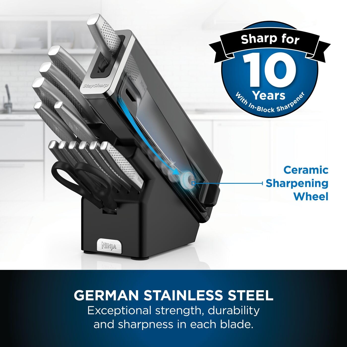 Ninja Foodi StaySharp Knife Block with Integrated Sharpener, 5-Piece Knife Set includes Chef, Bread, Slicing, Utility, Paring Knives, Stainless Steel K32005UK, Black