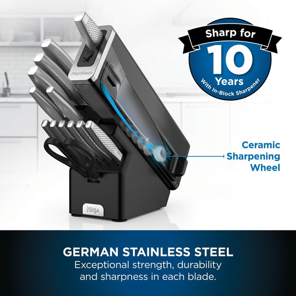 Ninja Foodi StaySharp Knife Block with Integrated Sharpener, 5-Piece Knife Set includes Chef, Bread, Slicing, Utility, Paring Knives, Stainless Steel K32005UK, Black