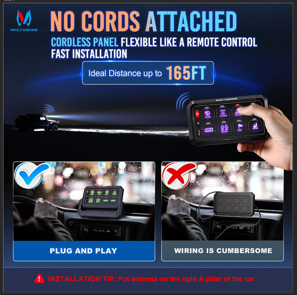 MICTUNING P1s Wireless RGB 8 Gang Switch Panel, Remote Control Range Up to 165FT Plug and Play Multifunction Toggle Momentary Strobe Circuit Control Relay System Box for Off Road Truck SUV UTV RV