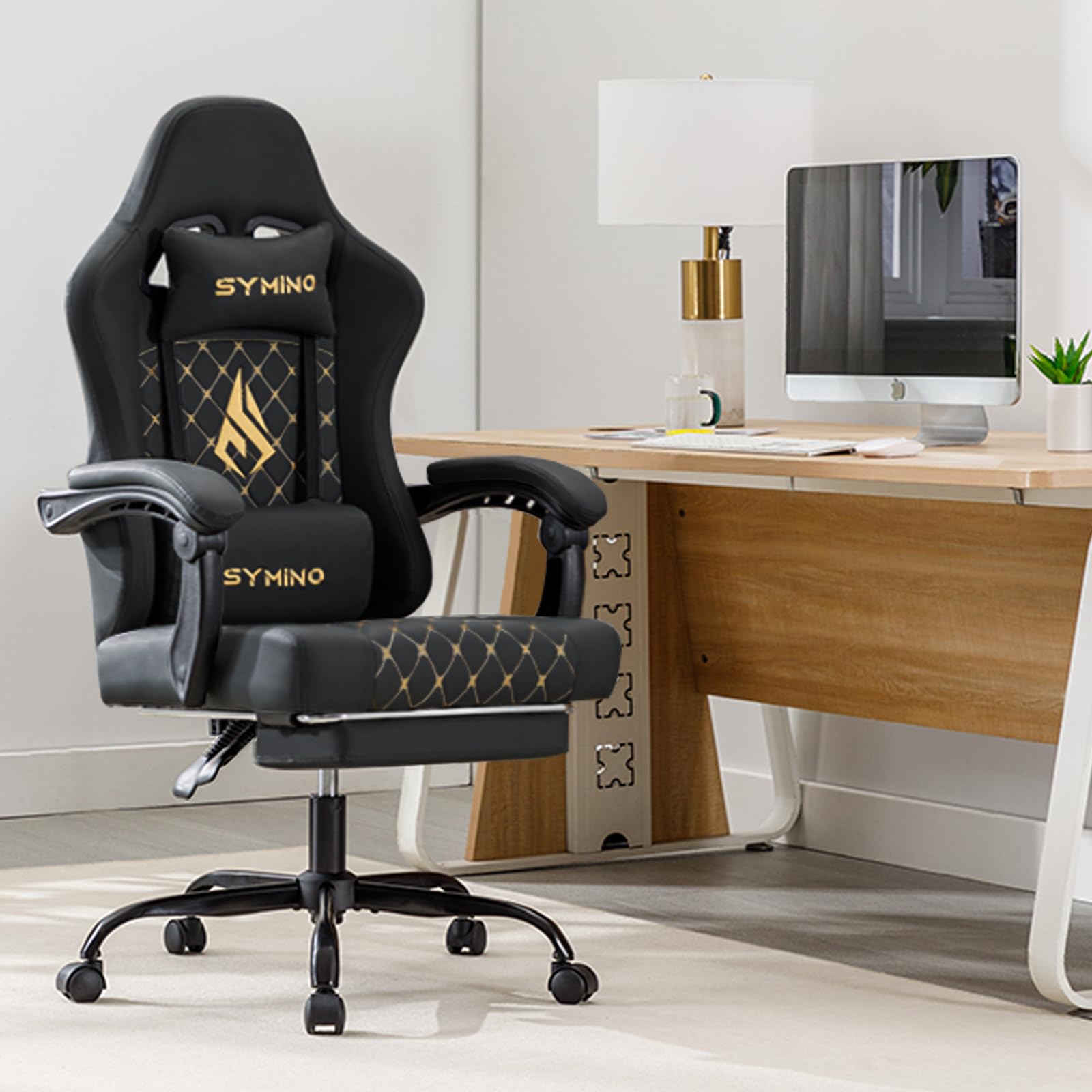 Symino Gaming Chair with Footrest, Computer Ergonomic Video Game Chair, Adjustable Swivel Task Chair with Lumbar Support, PC Chair, Office Chair PU Leather, Grey&White