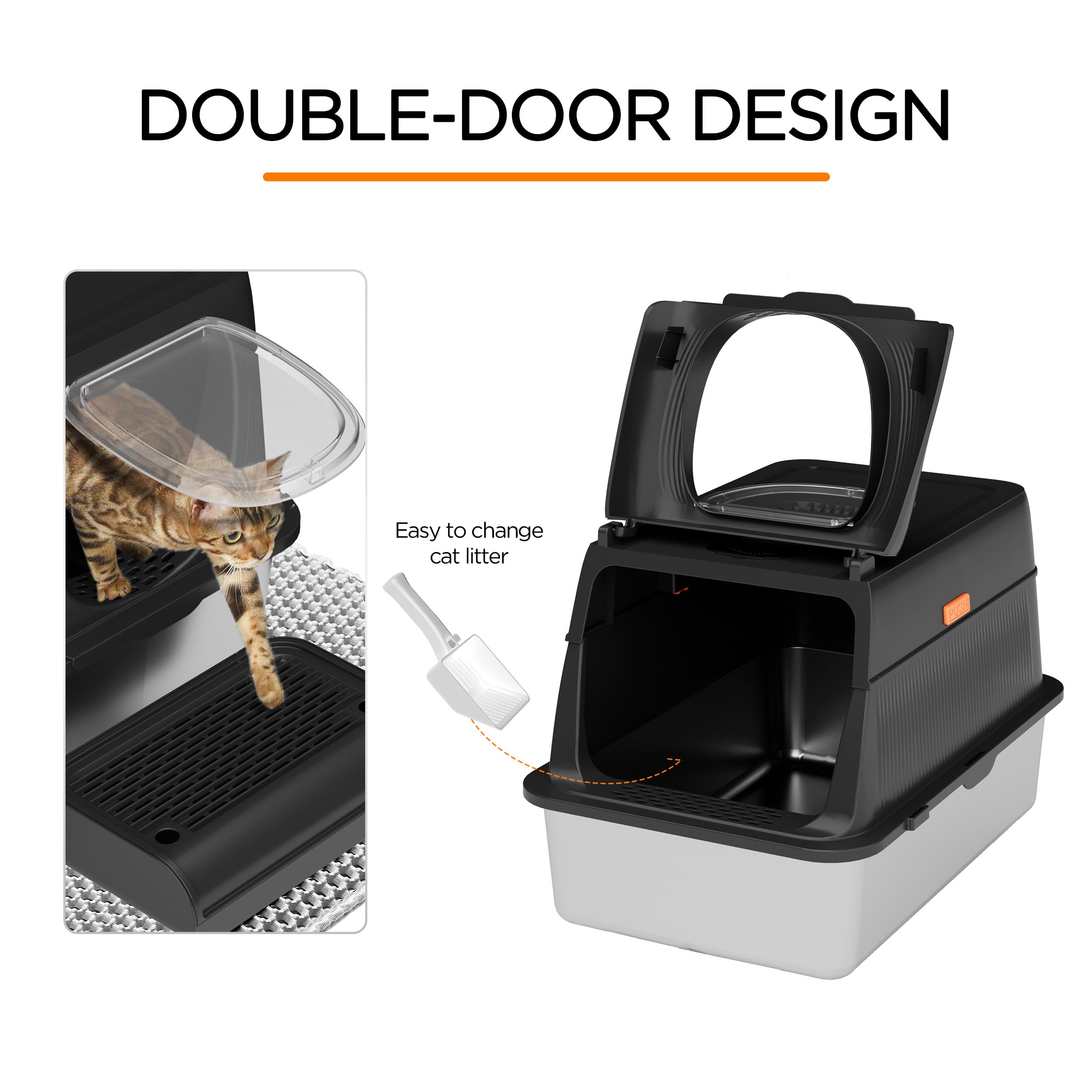 Citylife XL Stainless Steel Cat Litter Box with Lid, Extra Large Enclosed Removable Metal Litter Tray with Litter Scoop&Double Layer Litter Mat, Non-Sticky, Non-Odor, Easy Cleaning, for Big Cats