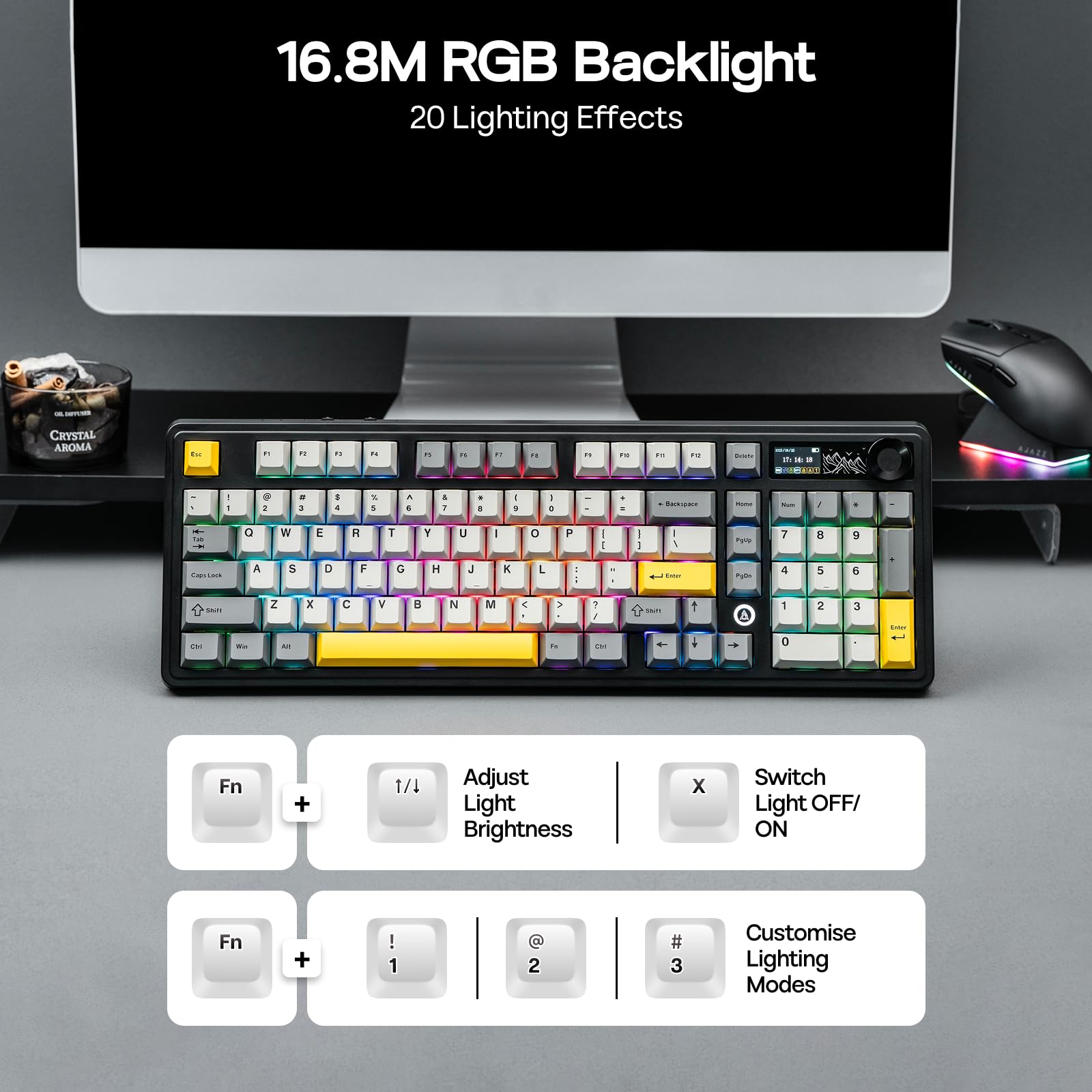 MechLands AK980 98% Mechanical Keyboard, BT5.0/USB-C/2.4GHz Wireless Gaming Keyboard, Hot Swappable Creamy Custom Keyboard with 1.14" TFT Screen, Knob, RGB for Win/Mac (White, Gift V2 Switch)