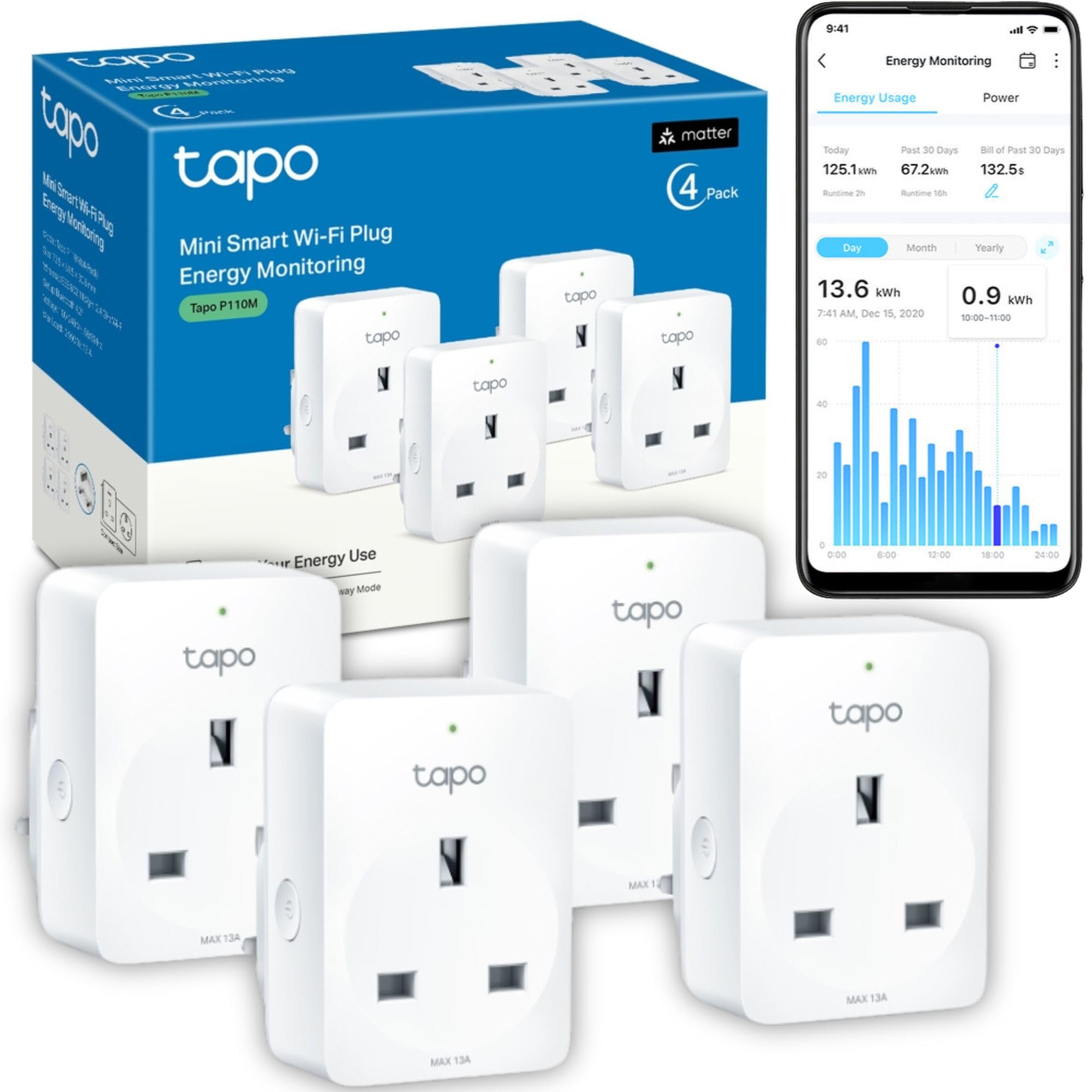 Tapo P110M Smart Plug, WiFi Plug, Energy Monitoring, Electricity Usage Monitor, MATTER Certified, App Remote Control, Voice Control, Alexa Plug, Works with Alexa & Google, Away Mode, Compact Design