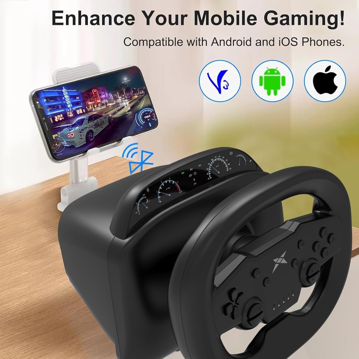 NBCP PS4 Steering Wheel and Pedals, Gaming Steering Wheel for PC, Nintendo Switch, PS4, PS3, IOS & Android Mobile Phones, Pro Racing Wheel with Dual-Vibration Motors, Wireless Bluetooth Connectivity