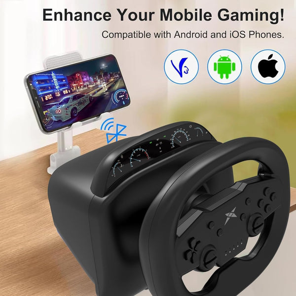 NBCP PS4 Steering Wheel and Pedals, Gaming Steering Wheel for PC, Nintendo Switch, PS4, PS3, IOS & Android Mobile Phones, Pro Racing Wheel with Dual-Vibration Motors, Wireless Bluetooth Connectivity