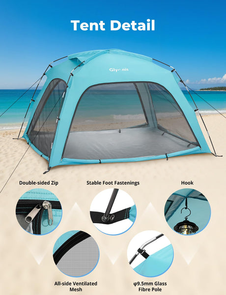 Glymnis Beach Tent Large for 3-4 Person, Portable UV Protection Beach Sun Shelter for Adults, Lightweight Sun Shade Tent for Beach, Picnic, Fishing